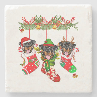 Posavasos De Piedra Navidades Santa Hat Rottweiler Dog Xmas Luces