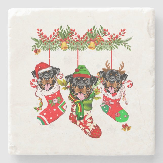 Posavasos De Piedra Navidades Santa Hat Rottweiler Dog Xmas Luces (Anverso)