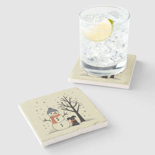 Posavasos De Piedra Navidades Snowman Xmas Dog Winter (Lateral)