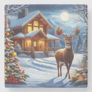Posavasos De Piedra Navidades/Winter Deer Lodge