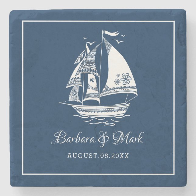 Posavasos De Piedra Navy-azul y barco de vela blanco (Anverso)