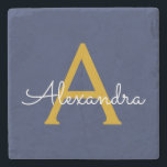 Posavasos De Piedra Navy Blue Gold Modern Script Girly Monograma Nombr<br><div class="desc">Mosaico de guion simple azul marino y oro Nombre de Monograma Piedra. Esto hace que la graduación perfecta,  dulce cumpleaños de 16 años,  boda,  ducha de novia,  aniversario,  ducha de bebé o fiesta de soltera sea un regalo para alguien que ama el lujo glam y los estilos de moda.</div>