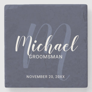 Posavasos De Piedra Navy Blue Modern Script Personalizado Groomsmen