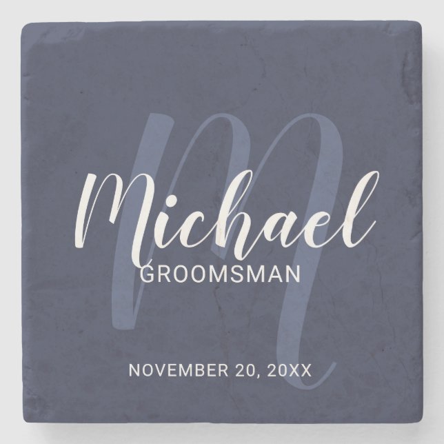 Posavasos De Piedra Navy Blue Modern Script Personalizado Groomsmen (Anverso)