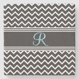 Posavasos De Piedra Negra Monograma de Zigzag gótico de Chevron blan