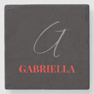 Posavasos De Piedra Negro Rojo Gris tu nombre Monograma inicial