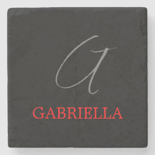 Posavasos De Piedra Negro Rojo Su Nombre Monograma Inicial