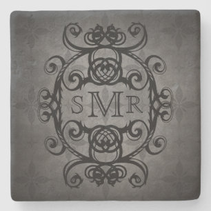 Posavasos De Piedra Negro y gris del monograma del vintage