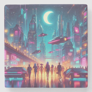 Posavasos De Piedra Neon Cityscape