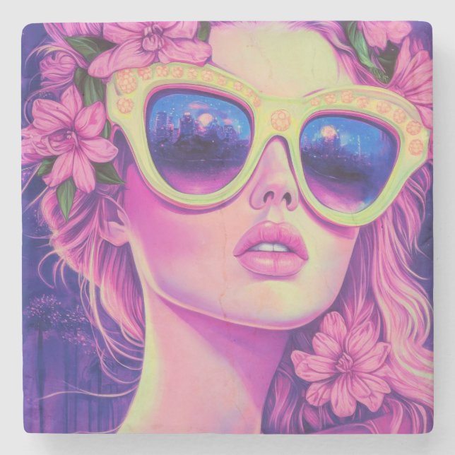 Posavasos De Piedra Neon Dream Chica con gafas de sol florales (Anverso)
