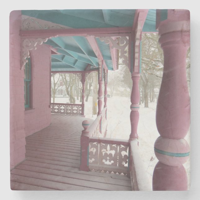 Posavasos De Piedra Nevada de invierno en un porche rosado - Viñedo de (Anverso)