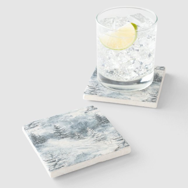 Posavasos De Piedra Nieve de invierno de árboles blancos azules de Nav (Lateral)