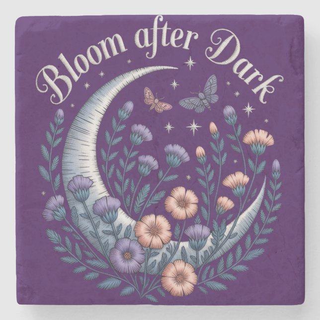 Posavasos De Piedra Night Garden Faux Embroidered Moon with Moths (Anverso)