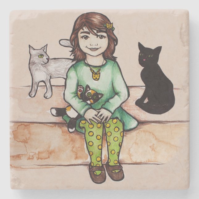 Posavasos De Piedra Niña pequeña con gatos (Anverso)