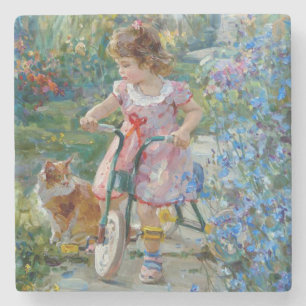 Posavasos De Piedra Niña pequeña en un Bella Artes de bicicleta