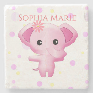 Posavasos De Piedra Niña pequeña y rosa dulce elefante