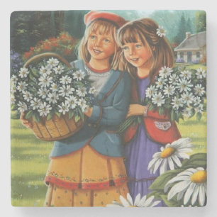 Posavasos De Piedra Niñas recogiendo flores Arte fino