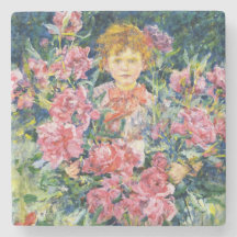 Niño con flores de peonía roja (por Robert Reid)