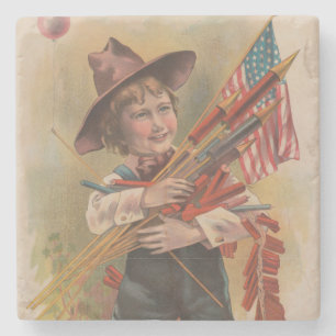 Posavasos De Piedra Niño con Fuegos Artificiales, Bandera Americana, I