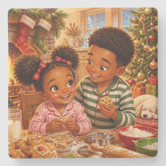 Posavasos De Piedra Niños afroamericanos horneando galletas de Navidad