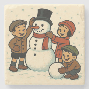 Posavasos De Piedra Niños antiguos construyendo un muñeco de nieve