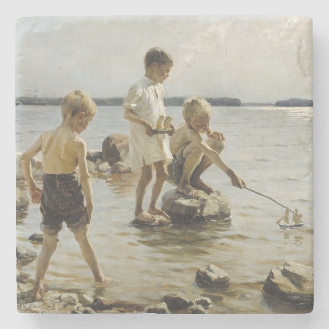 Posavasos De Piedra Niños jugando en la costa (por Albert Edelfelt) (Anverso)