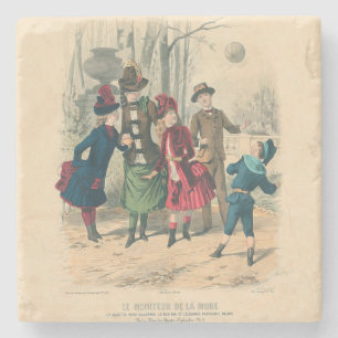 Posavasos De Piedra Niños Victorianos Antiguos Juegan con Pelota 1880 