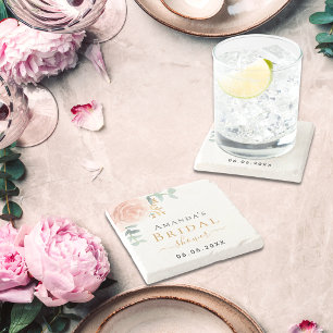 Posavasos De Piedra Noche Ducha rosa oro eucalipto floral monograma