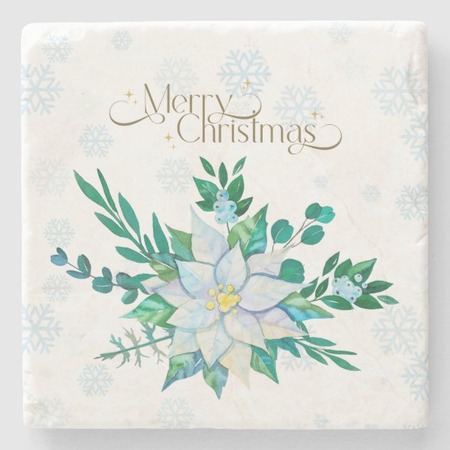 Posavasos De Piedra Nochebuena Nochebuena Poinsettia White Snowflakes (Anverso)