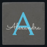 Posavasos De Piedra Nombra de monograma de guión azul negro<br><div class="desc">Mosaico de piedra con nombre de monograma sencillo negro y azul. Esto hace que la graduación perfecta,  dulce cumpleaños de 16 años,  boda,  ducha de novia,  aniversario,  ducha de bebé o fiesta de soltera sea un regalo para alguien que ama el lujo glam y los estilos de moda.</div>