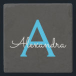 Posavasos De Piedra Nombra de monograma de guión azul negro<br><div class="desc">Mosaico de piedra con nombre de monograma sencillo negro y azul. Esto hace que la graduación perfecta,  dulce cumpleaños de 16 años,  boda,  ducha de novia,  aniversario,  ducha de bebé o fiesta de soltera sea un regalo para alguien que ama el lujo glam y los estilos de moda.</div>