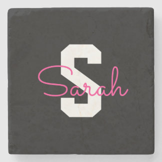 Posavasos De Piedra Nombre Bonito & Monograma | Negro Blanco & Rosa