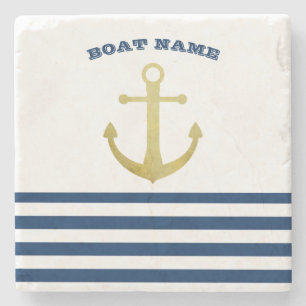 Posavasos De Piedra Nombre de Barco Náutico, Ancla de Oro Rayas Azul M