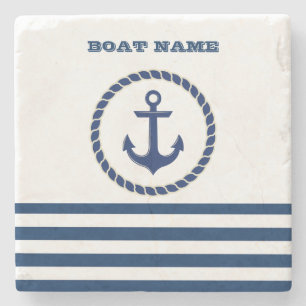 Posavasos De Piedra Nombre de Barco Náutico, Ancla Rayas Azul Marino