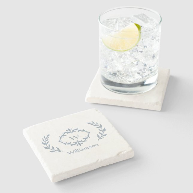 Posavasos De Piedra Nombre de Familia Monograma Corona de Laurel Azul  (Lateral)