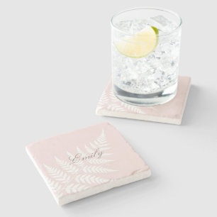 Posavasos De Piedra Nombre de guión elegante Rubor Rosa Blanco Helecho