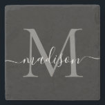 Posavasos De Piedra Nombre de guión femenino de monograma gris platead<br><div class="desc">Elegante Moderno Plata Negro Plata Gris Monograma Guión Femenino Nombre De La Monstruación De Piedra</div>