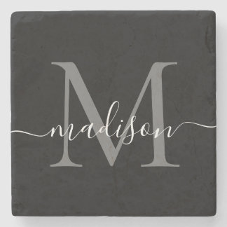 Posavasos De Piedra Nombre de guión femenino de monograma gris platead