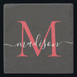 Posavasos De Piedra Nombre de guión femenino en un monograma rojo negr<br><div class="desc">Elegante morograma negro rojo borgoña Monograma guión femenino nombre escayola de piedra</div>
