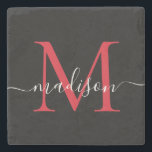 Posavasos De Piedra Nombre de guión femenino en un monograma rojo negr<br><div class="desc">Elegante morograma negro rojo borgoña Monograma guión femenino nombre escayola de piedra</div>