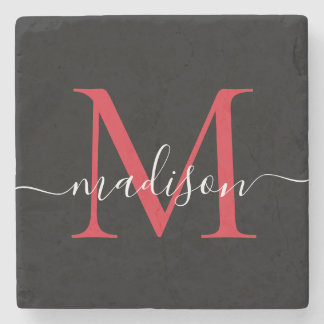 Posavasos De Piedra Nombre de guión femenino en un monograma rojo negr