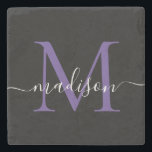 Posavasos De Piedra Nombre de guión femenino morado de monograma negro<br><div class="desc">Elegante Moderno Monograma Violeta Púrpura Negro Guión Femenino Nombre escayola de piedra</div>