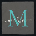 Posavasos De Piedra Nombre de guión femenino Verde azulado de monogram<br><div class="desc">Elegante Moderno Negro Verde azulado Aqua Monograma Verde Guión Femenino Nombre escayola de piedra</div>