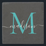 Posavasos De Piedra Nombre de guión femenino Verde azulado de monogram<br><div class="desc">Elegante Moderno Negro Verde azulado Aqua Monograma Verde Guión Femenino Nombre escayola de piedra</div>