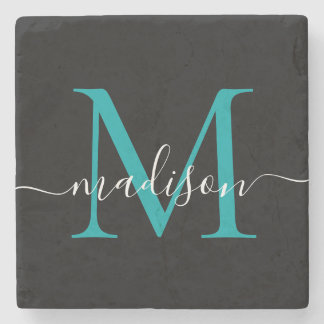 Posavasos De Piedra Nombre de guión femenino Verde azulado de monogram