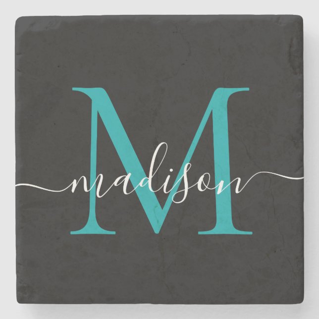 Posavasos De Piedra Nombre de guión femenino Verde azulado de monogram (Anverso)