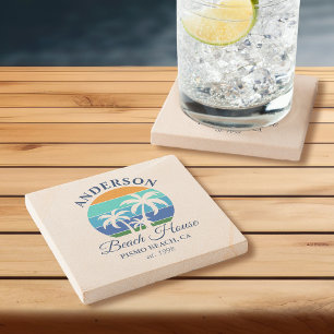 Posavasos De Piedra Nombre de la Familia Beach House Sun Palm Trees