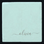 Posavasos De Piedra Nombre de Monograma del Guión Azul Verde azulado M<br><div class="desc">Cubierta de guion Verde azulada simple Aqua Blue Monograma Nombre Piedra Tile. Esto hace que la graduación perfecta,  dulce cumpleaños de 16 años,  boda,  ducha de novia,  aniversario,  ducha de bebé o fiesta de soltera sea un regalo para alguien que ama el lujo glam y los estilos de moda.</div>