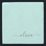 Posavasos De Piedra Nombre de Monograma del Guión Azul Verde azulado M<br><div class="desc">Cubierta de guion Verde azulada simple Aqua Blue Monograma Nombre Piedra Tile. Esto hace que la graduación perfecta,  dulce cumpleaños de 16 años,  boda,  ducha de novia,  aniversario,  ducha de bebé o fiesta de soltera sea un regalo para alguien que ama el lujo glam y los estilos de moda.</div>