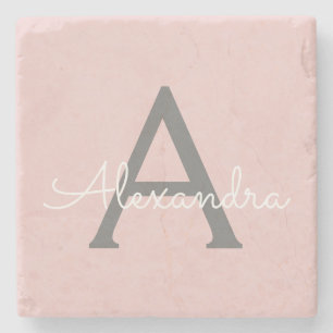 Posavasos De Piedra Nombre de monograma moderno de escritura gris rosa